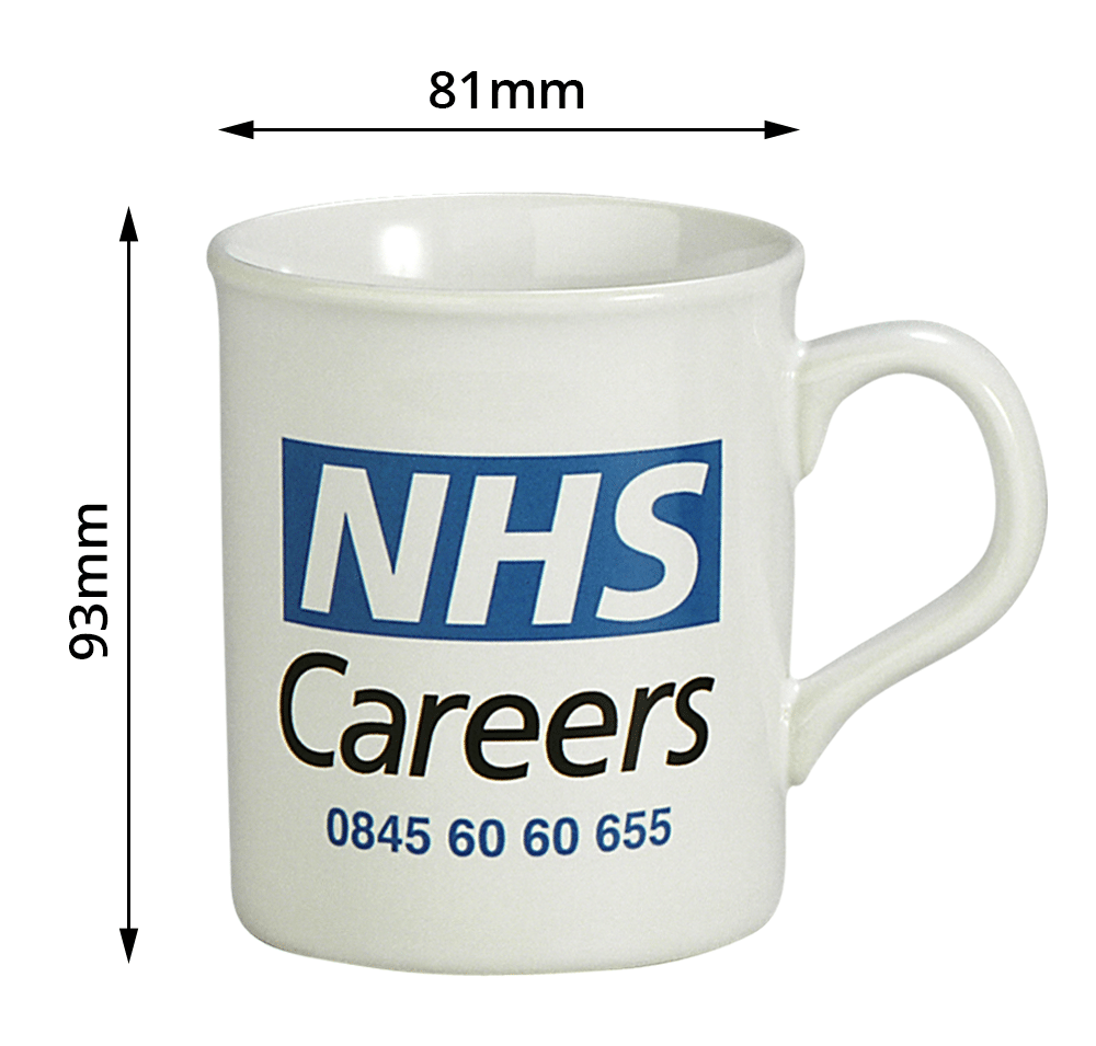 Sandfield promotional mug with dimensions from Prince William Pottery