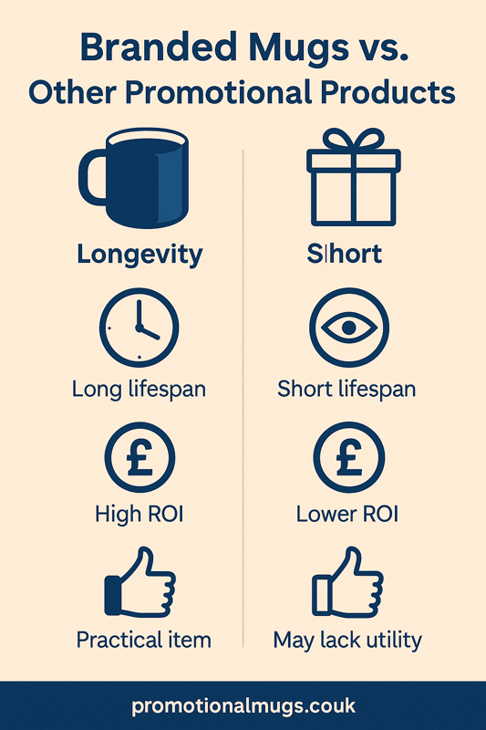 Infographic showing a mug vs cap, pen, bottle, tote bag with logo placement